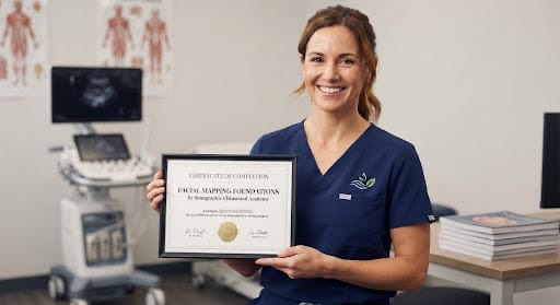 Practitioner holding a Facial Mapping Foundations certificate of completion