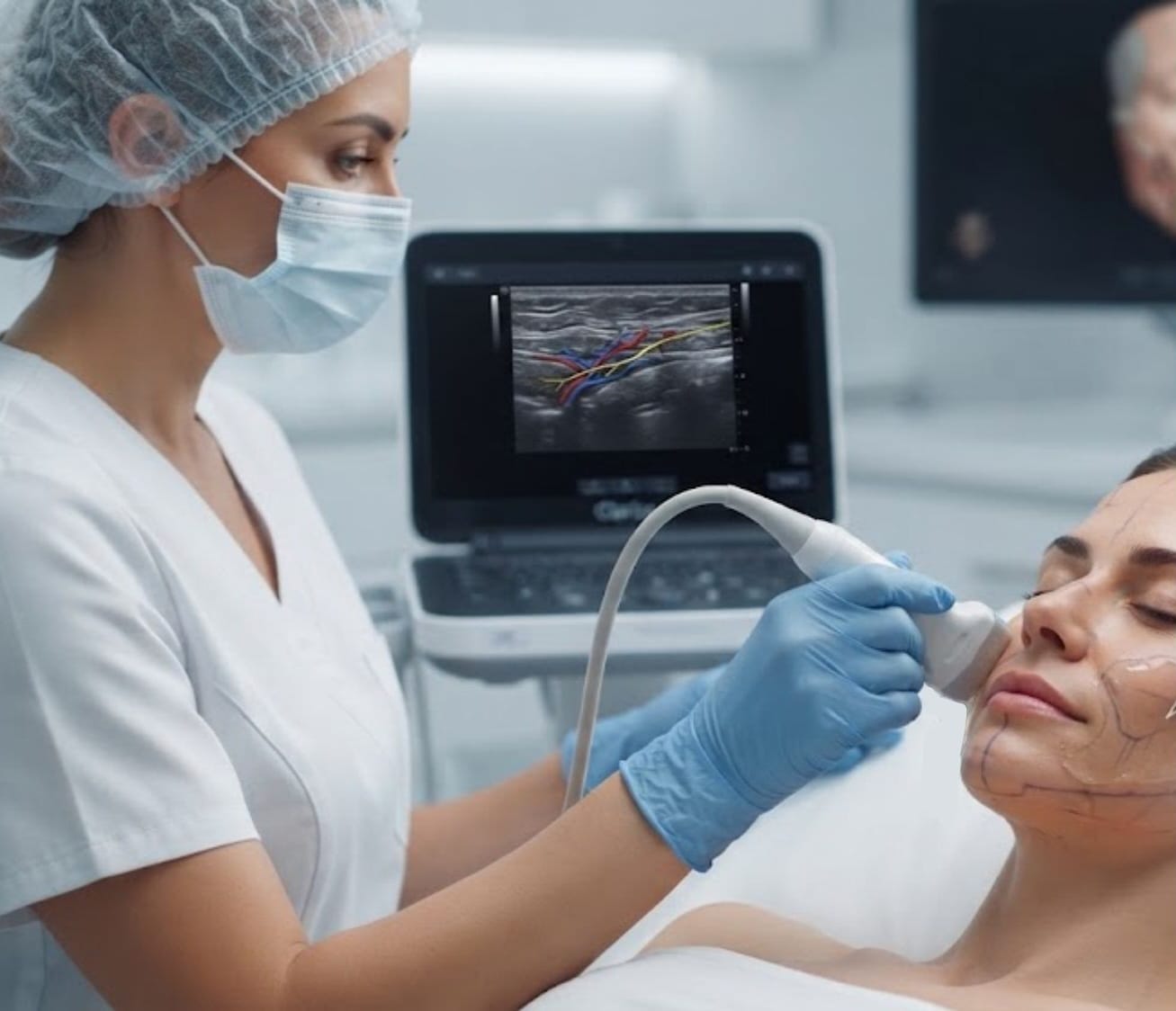 Practitioner performing a facial ultrasound scan with vascular mapping on screen