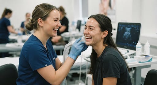 Delegates practising facial ultrasound during a small group practical training day