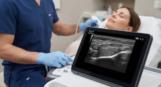 Aesthetic practitioner performing an ultrasound scan on a patient